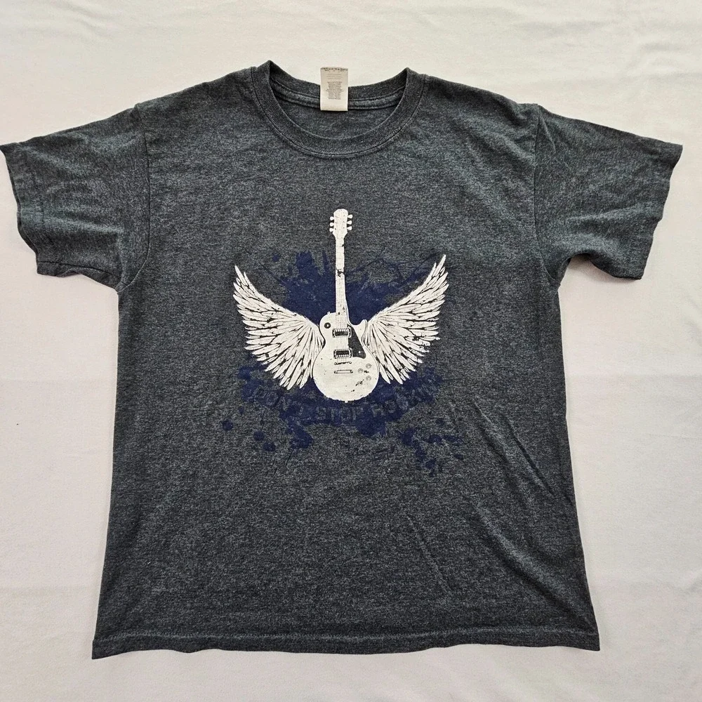 Don't Stop Rockin' Guitar Wings Blue Short Sleeve T-Shirt Youth M